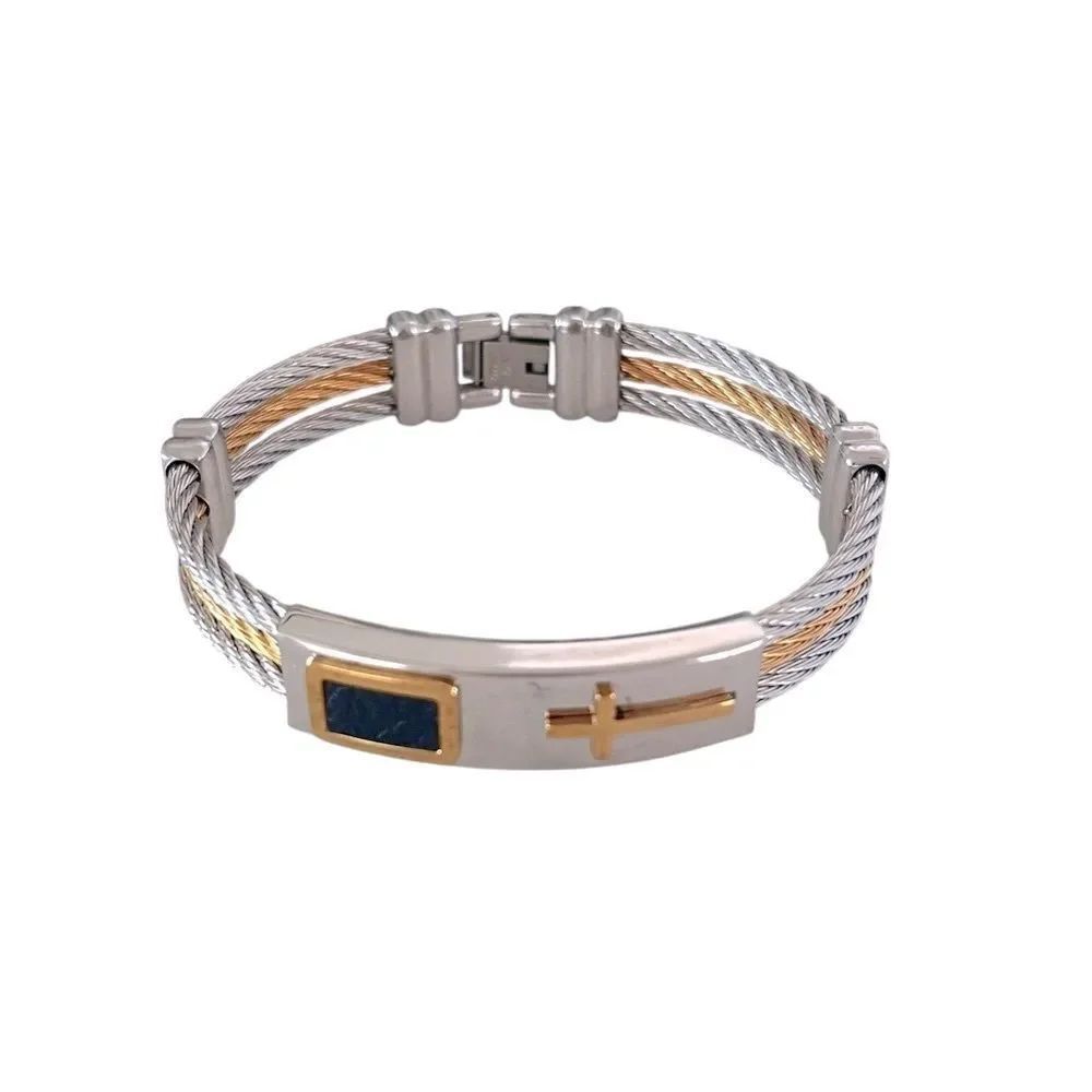 Stainless Steel Mixed Metal Religious Cross ID Bracelet